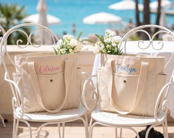 Personalized Tote Bag, Custom Embroidered Canvas, Bridesmaid Gift, Beach Wedding Party, Monogram Shoulder Bag