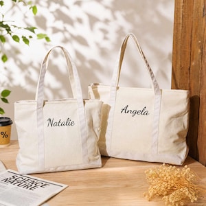 Custom Embroidered Canvas Tote Bag, Bridesmaid Gifts, Beach Handbags, Custom Text Tote, Bachelorette Gifts, School Bag, Weekend Tote