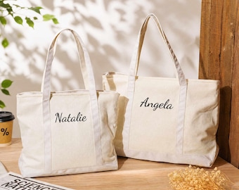 Custom Embroidered Canvas Tote Bag, Bridesmaid Gifts, Beach Handbags, Custom Text Tote, Bachelorette Gifts, School Bag, Weekend Tote