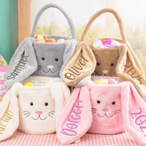 Benutzerdefinierte Osterhasenkorb, personalisierte Stickerei Plüsch Osterkorb, Ostereimer mit Namen, Ostertasche für Kind, Ostergeschenk für Mädchen Jungen