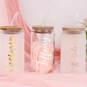 Personalized Glass Tumbler with Straw,Frosted Glass Tumbler,Bamboo Lid Iced Coffee Mug,Bridesmaid Proposal,Wedding Bachelorette Party Gift