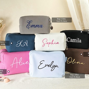 Embroidered Waffle Cosmetic Bag: Personalized Monogram Toiletry Bag, Bridesmaid Makeup Bag, Bridal Shower Gift, Gift for Her, Gift for Women image 11