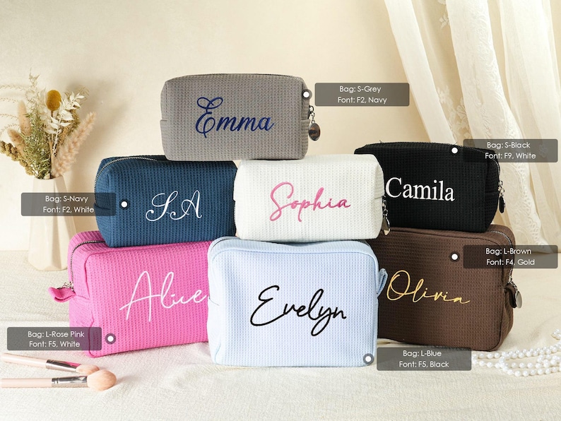 Embroidered Waffle Cosmetic Bag: Personalized Monogram Toiletry Bag, Bridesmaid Makeup Bag, Bridal Shower Gift, Gift for Her, Gift for Women image 11
