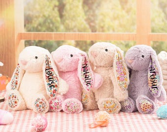 Personalized Easter Plush Bunny, Custom Embroidered Bunny Toy, Newborn Baby Gift, Floral Easter Rabbit, Baby Shower Gift-Flower Girl Present