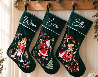Personalized Green Velvet Christmas Stocking, Embroidered Name, 7 Nutcracker & Holiday Character Designs