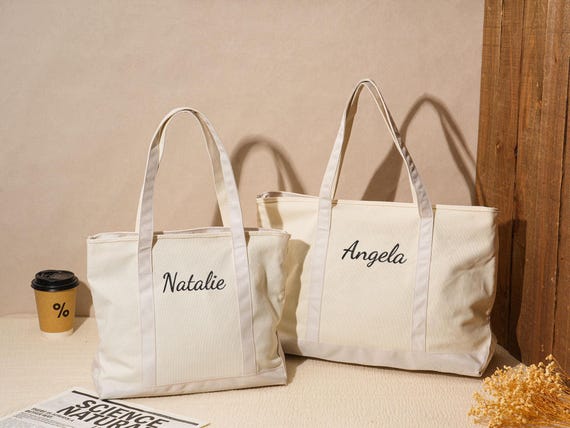 Custom Embroidered Canvas Tote Bag, Bridesmaid Gifts, Beach Handbags, Custom Text Tote, Bachelorette Gifts, School Bag, Weekend Tote