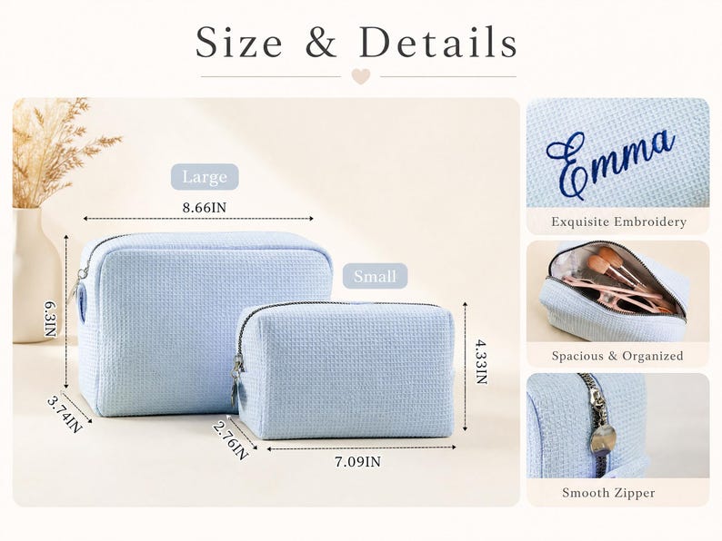 Embroidered Waffle Cosmetic Bag: Personalized Monogram Toiletry Bag, Bridesmaid Makeup Bag, Bridal Shower Gift, Gift for Her, Gift for Women image 5