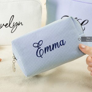 Embroidered Waffle Cosmetic Bag: Personalized Monogram Toiletry Bag, Bridesmaid Makeup Bag, Bridal Shower Gift, Gift for Her, Gift for Women image 10