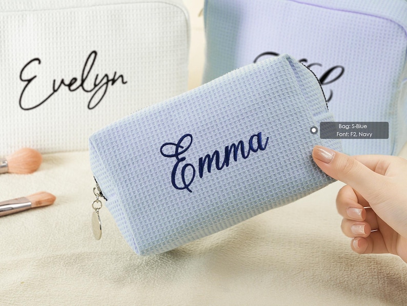 Embroidered Waffle Cosmetic Bag: Personalized Monogram Toiletry Bag, Bridesmaid Makeup Bag, Bridal Shower Gift, Gift for Her, Gift for Women image 10