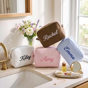 Embroidered Waffle Cosmetic Bag: Personalized Monogram Toiletry Bag, Bridesmaid Makeup Bag, Bridal Shower Gift, Gift for Her, Gift for Women image 2
