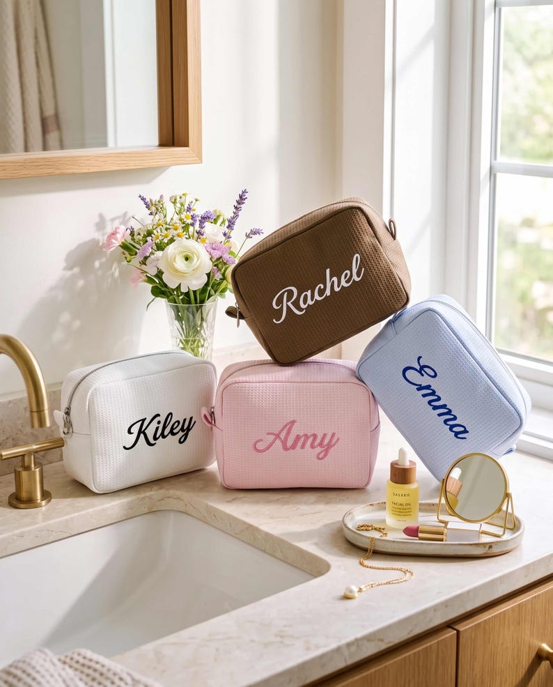Embroidered Waffle Cosmetic Bag: Personalized Monogram Toiletry Bag, Bridesmaid Makeup Bag, Bridal Shower Gift, Gift for Her, Gift for Women image 2