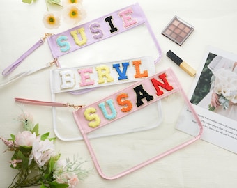 Custom Name Clear Pouch Makeup Bag | Clear Bag With Patches | | Customized Travel Bag | Bag with Patch | Custom Kids Belt Bag