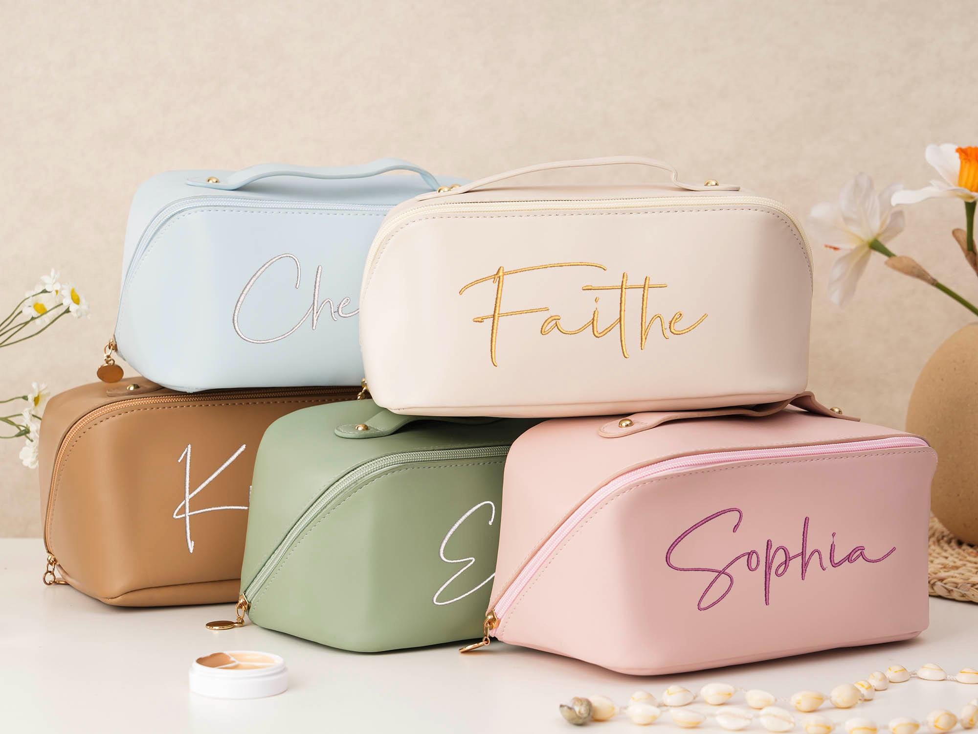 Embroidered Makeup Bag, Custom Large Leather Makeup Bag, Bridesmaid Makeup Bag, Christmas Gifts Women, Travel Organizer, Bridal Shower Gift