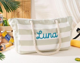 パーソナライズされたストライプ柄ビーチトートバッグ、大型防水プール、カスタムネームキャンバスサマー