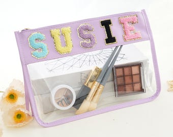 Personalized Clear Bag With Patches | Custom Name Clear Pouch Makeup Bag | Customized Travel Bag | Bag with Patch | Custom Kids Belt Bag