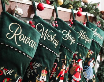 Personalized Green Velvet Christmas Stocking, Embroidered Name, 7 Nutcracker & Holiday Character Designs