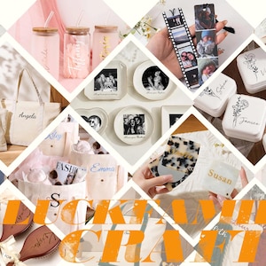 May include: A collage of personalized items including canvas tote bags, frosted glass tumblers, ceramic plates with black and white photos, photo film strips, white jewelry boxes with floral line art, compact mirrors, and wooden hairbrushes.