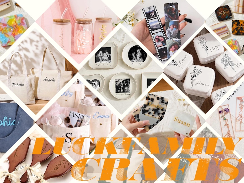 May include: A collage of personalized items including canvas tote bags, frosted glass tumblers, ceramic plates with black and white photos, photo film strips, white jewelry boxes with floral line art, compact mirrors, and wooden hairbrushes.