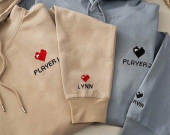 Custom Embroidered Hoodie, Pixel Heart Couples Hoodie, Valentines Day Gift, Bestie Gifts, Anniversary Gift for Him/ Her
