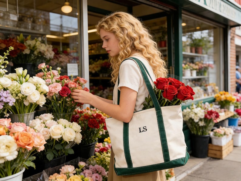May include: A woman at a flower shop selects flowers, holding a canvas tote bag filled with red roses. The bag is off-white with green trim and the initials "LS". The shop displays a variety of colorful flowers.
