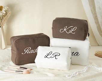 Embroidered Waffle Cosmetic Bag: Personalized Monogram Toiletry Bag, Bridesmaid Makeup Bag, Bridal Shower Gift, Gift for Her, Gift for Women