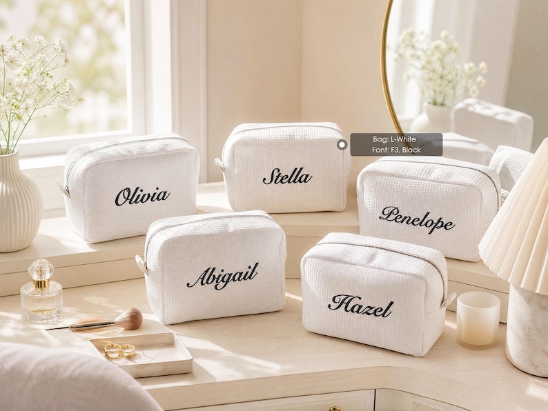 Embroidered Waffle Cosmetic Bag: Personalized Monogram Toiletry Bag, Bridesmaid Makeup Bag, Bridal Shower Gift, Gift for Her, Gift for Women image 7