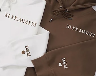 Embroidered Roman Numeral Hoodie, Personalized Couple Date Hoodie, Anniversary Gift