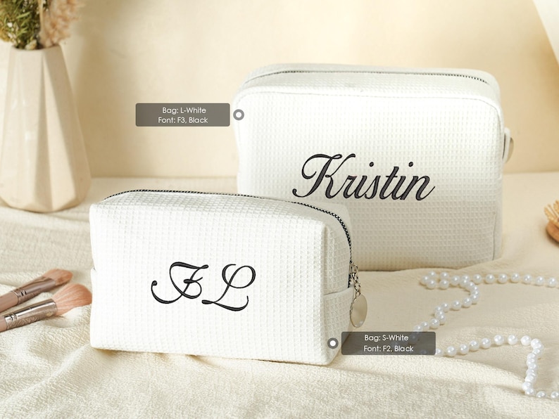 Embroidered Waffle Cosmetic Bag: Personalized Monogram Toiletry Bag, Bridesmaid Makeup Bag, Bridal Shower Gift, Gift for Her, Gift for Women image 12