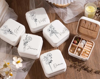 Personalized Birth Flower Jewelry Box, Engraved Leather Travel Case