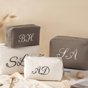 Embroidered Waffle Cosmetic Bag: Personalized Initial Toiletry Pouch