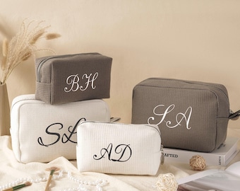 Personalized Waffle Makeup Bag, Embroidered Initials Cosmetic Bag, Custom Name Toiletry Bag, Monogram Makeup Bag, Bachelorette Cosmetic Bags