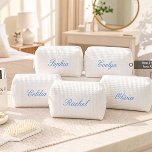 Embroidered Waffle Cosmetic Bag: Personalized Monogram Toiletry Bag, Bridesmaid Makeup Bag, Bridal Shower Gift, Gift for Her, Gift for Women image 6