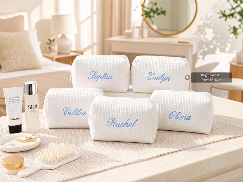 Embroidered Waffle Cosmetic Bag: Personalized Monogram Toiletry Bag, Bridesmaid Makeup Bag, Bridal Shower Gift, Gift for Her, Gift for Women image 6
