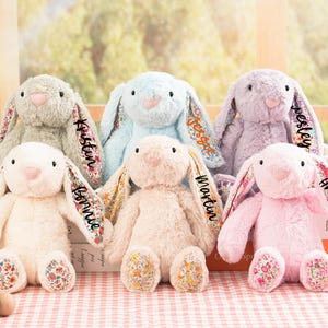 May include: Six plush bunny rabbits in various pastel colors: gray, light blue, lavender, cream, peach, and pink. Each bunny has long ears with floral fabric lining and embroidered names. The bunnies are sitting on a red and white checkered surface.