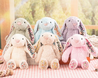 Personalized Easter Plush Bunny, Custom Embroidered Bunny Toy, Newborn Baby Gift, Floral Easter Rabbit, Baby Shower Gift-Flower Girl Present
