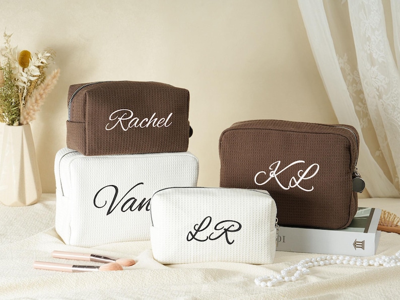 Embroidered Waffle Cosmetic Bag: Personalized Monogram Toiletry Bag, Bridesmaid Makeup Bag, Bridal Shower Gift, Gift for Her, Gift for Women image 13