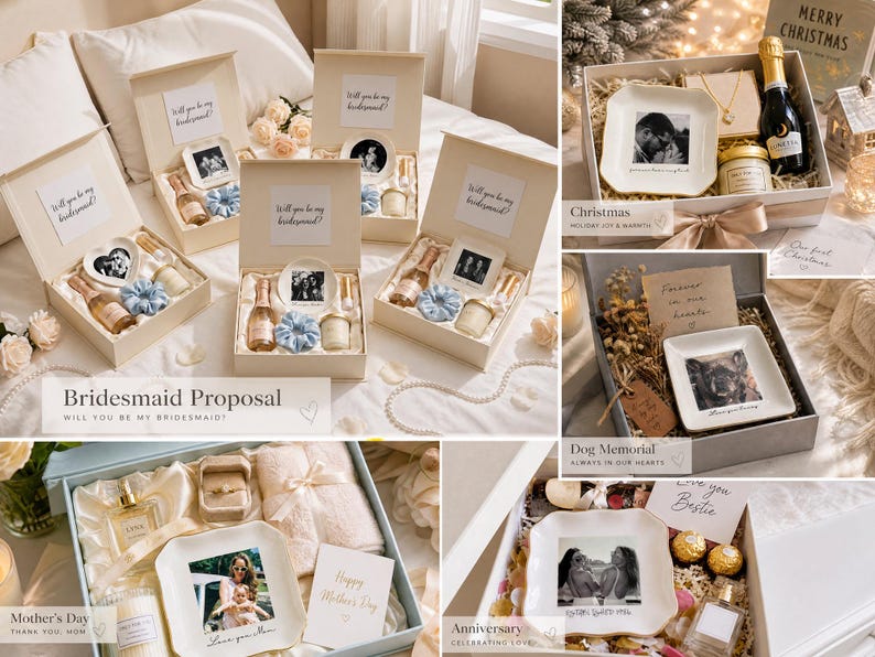May include: A collection of gift boxes featuring personalized ceramic trinket dishes with printed photographs, small bottles of sparkling wine, scented candles, jewelry, and fabric hair scrunchies, presented in various themed sets for occasions.