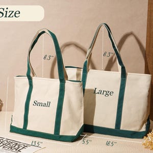 May include: Two canvas tote bags, labeled "Small" and "Large", with cream-colored bodies and green accents. The small bag is 13.5 inches wide and 11.5 inches tall. The large bag is 18.5 inches wide and 15.5 inches tall. Both have 8.3-inch handles.