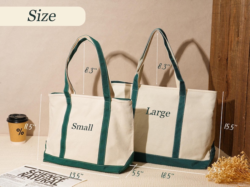 May include: Two canvas tote bags, labeled "Small" and "Large", with cream-colored bodies and green accents. The small bag is 13.5 inches wide and 11.5 inches tall. The large bag is 18.5 inches wide and 15.5 inches tall. Both have 8.3-inch handles.