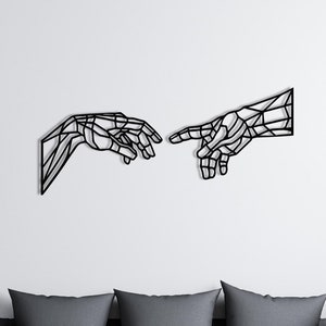 Decoración de pared de La creación de Adán, pintura de Miguel Ángel, decoración de pared de metal, arte lineal gótico, póster geométrico, idea de regalo de Navidad, arte religioso