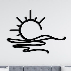 Arte de pared de metal con sol y olas, paisaje de amanecer, casa de playa, arte lineal, diseño interior y exterior, amante de la naturaleza, regalo de Año Nuevo, decoración de atardecer