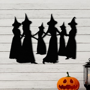Decoración de pared de Halloween, niña bruja, decoración de habitación gótica, arte de pared de metal, regalo de Halloween, brujas danzantes, póster espiritual, decoración de sala de estar