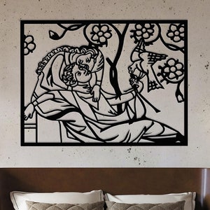 May include: Black and white silhouette wall art featuring a couple embracing under a tree with birds flying overhead. The art is mounted on a white wall above a brown headboard bed.