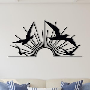 Decoración de sol y pájaros, arte de pared de metal, paisaje de amanecer, decoración minimalista, póster de sol, amante de la naturaleza, pájaro volador, regalo de año nuevo, arte de atardecer
