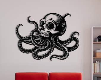 Octopus Skull, Metal Wall Decor, Octopus Wall Decor, Tentacles Wall Art, Coastal Poster, Vinyl Tentacles, Gothic Lovers, Gamer Room Decor
