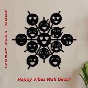 Decoración de pared con emojis de felicidad, arte de pared de metal, emojis que aumentan la energía, póster de emojis de emociones, arte de píxeles, emojis encantadores con corazón, ambiente alegre