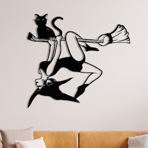 Halloween Witch Decor, Metal Wall Decor, Witch on Broomstick, Witch And Cat Decor, Gift For Halloween, Dark Academia, Gothic Wall Poster
