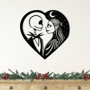 Decoración de pared de pareja gótica, arte de pared de metal, cabeza de calavera, regalo de Halloween, regalo de Año Nuevo, póster de pesadilla, decoración de pared navideña, póster de luna