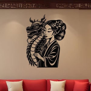 Decoración de pared con dragón, mujer china y dragón, decoración de pared de metal, dragón japonés, arte de pared de geisha, retrato de mujer japonesa, regalo para amantes asiáticos