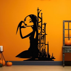 Decoración de pared de Halloween, niña bruja, decoración de habitación con cuervos, arte de pared de metal, regalo de Año Nuevo, decoración gótica, arte de pared de Drácula, niña salvaje, vampiro gótico